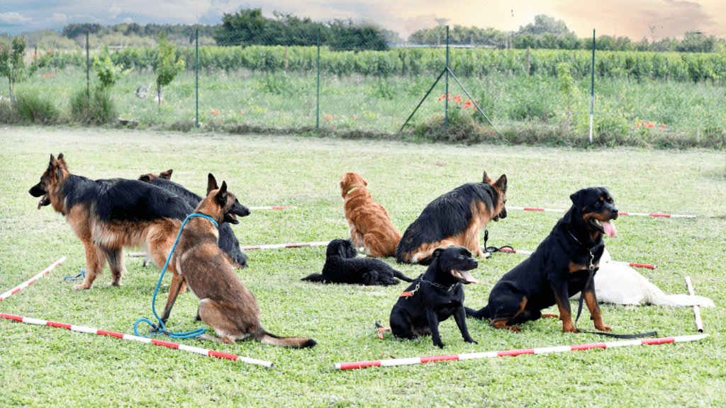 a group of dogs sitting in a circle on the grass