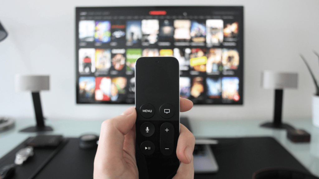 a person holding a remote control in front of a television