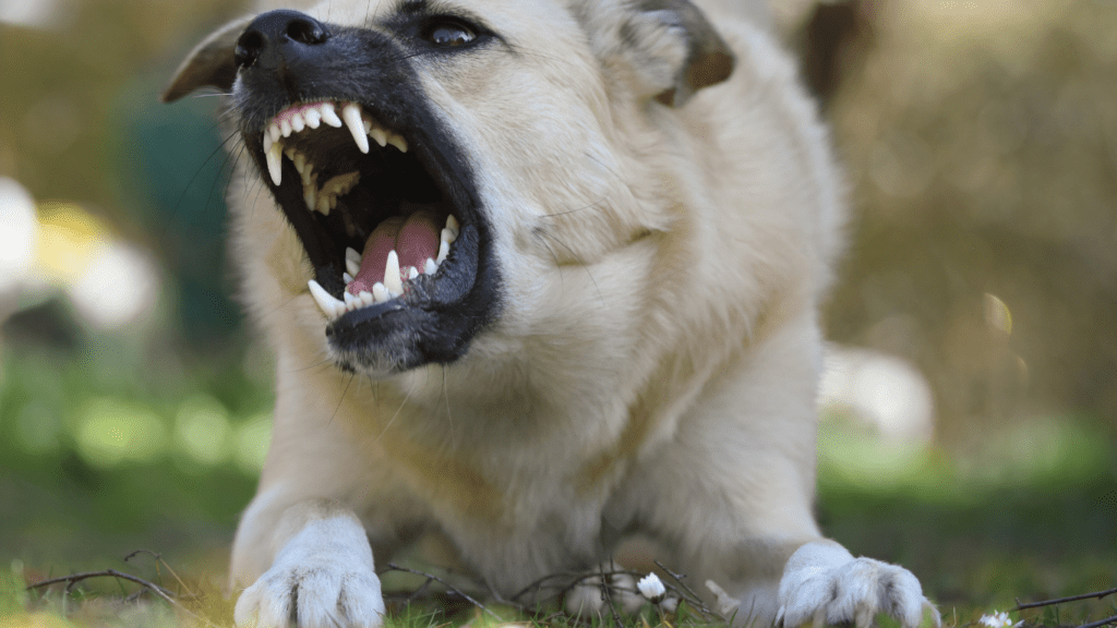 an angry dog with its mouth open