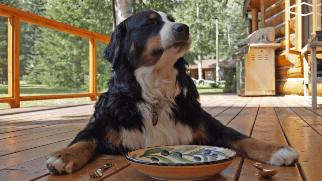 a dog eating food from a bowl