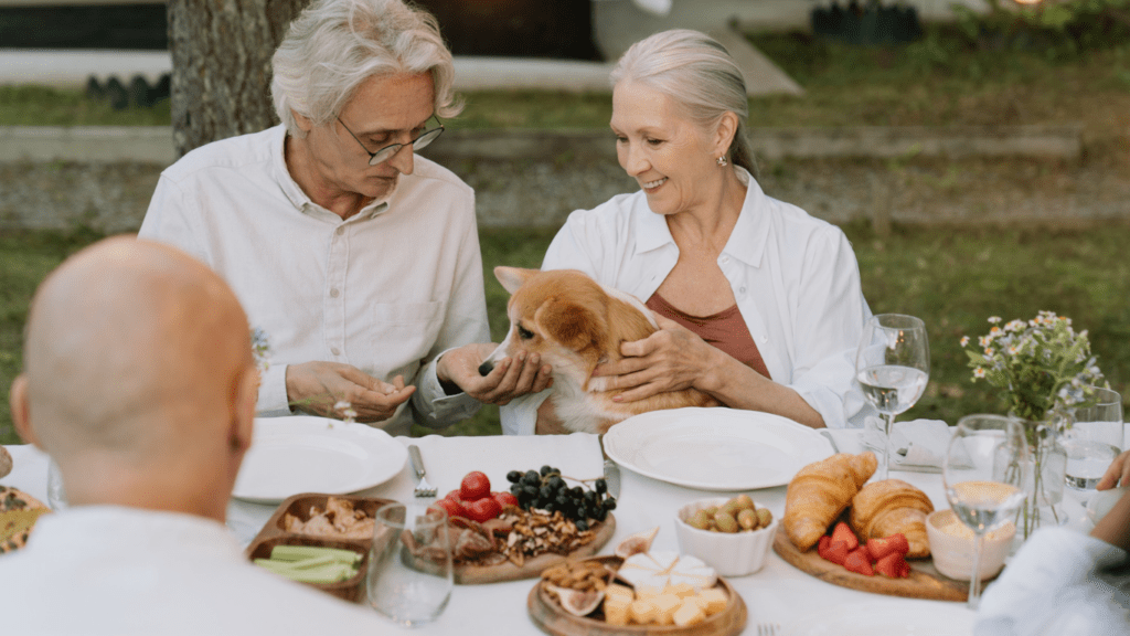 a person is feeding a dog in front of a house